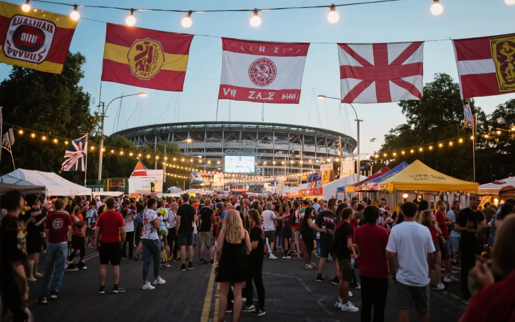 球迷在城市街区参加公共观赛与文化活动，旗帜与灯串营造节日氛围