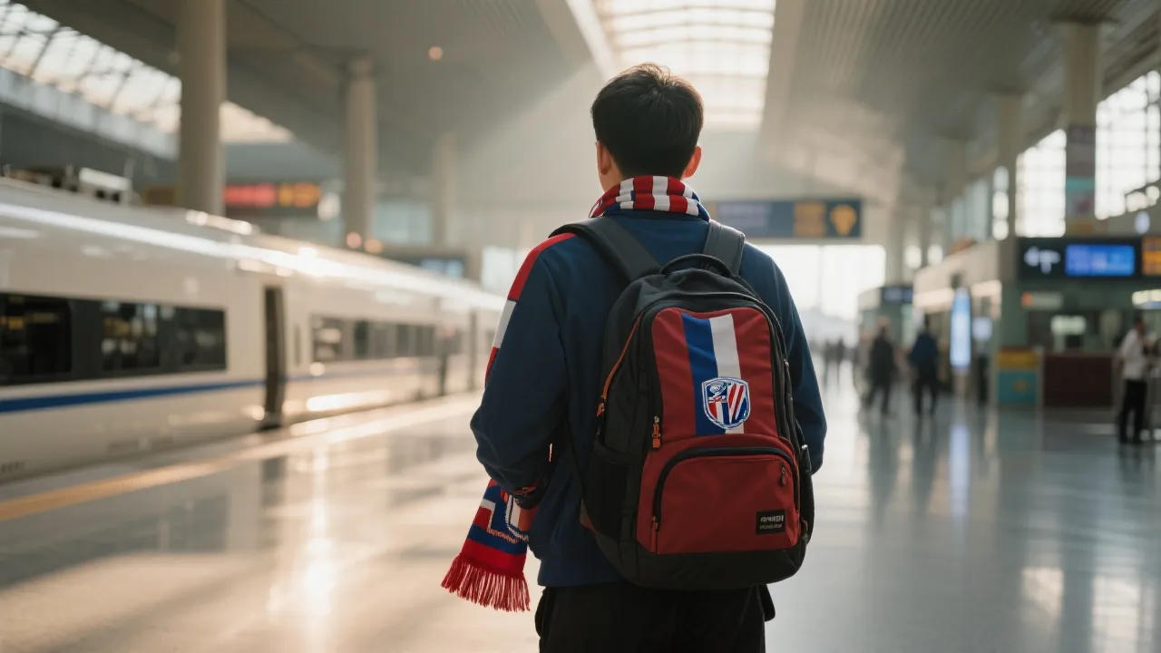 高铁站或机场出发大厅，球迷背包与围巾，动态光影