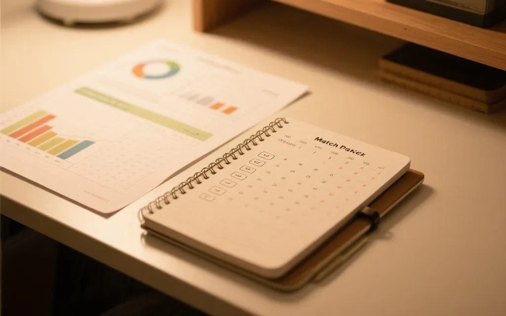 笔记本上的信息追踪清单与概率图表，旁边放着比赛日程