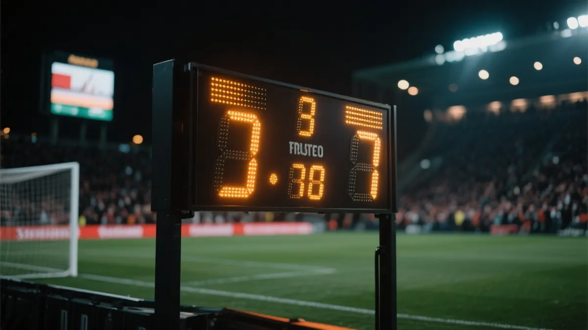 决赛夜体育场与记分牌的电影感画面，突出实时比分的紧张感