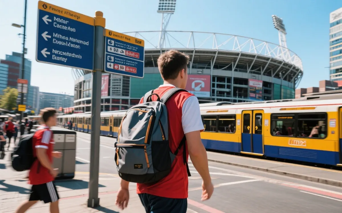 球迷在城市公共交通中前往球场的旅行视觉占位图