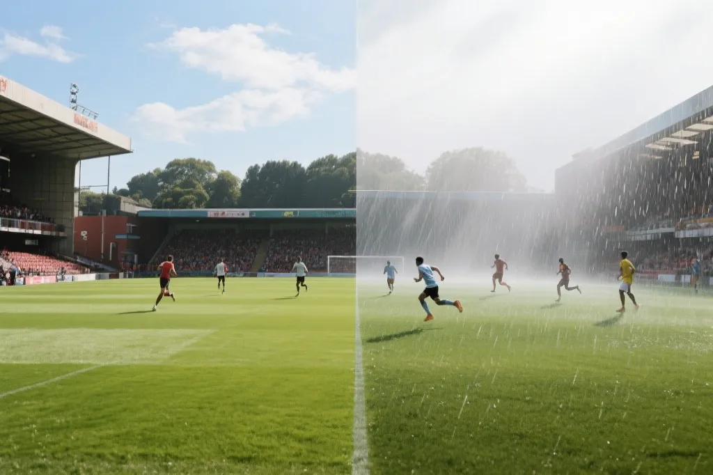 球场在不同天气下的对比，显示风雨与高温对比赛节奏的影响